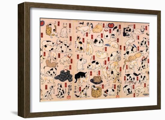 Cats. from the Series Fifty-Three Stations of the Tokaido (Triptyc), Ca 1848-Utagawa Kuniyoshi-Framed Giclee Print