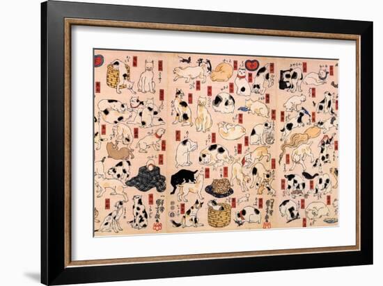 Cats. from the Series Fifty-Three Stations of the Tokaido (Triptyc), Ca 1848-Utagawa Kuniyoshi-Framed Giclee Print