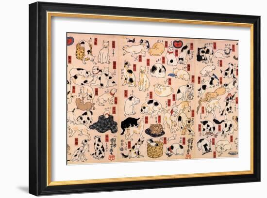 Cats. from the Series Fifty-Three Stations of the Tokaido (Triptyc), Ca 1848-Utagawa Kuniyoshi-Framed Giclee Print