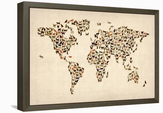 Cats Map of the World Map-Michael Tompsett-Framed Stretched Canvas