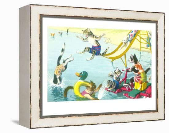 Cats Sliding into Swimming Pool-null-Framed Stretched Canvas