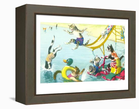 Cats Sliding into Swimming Pool-null-Framed Stretched Canvas