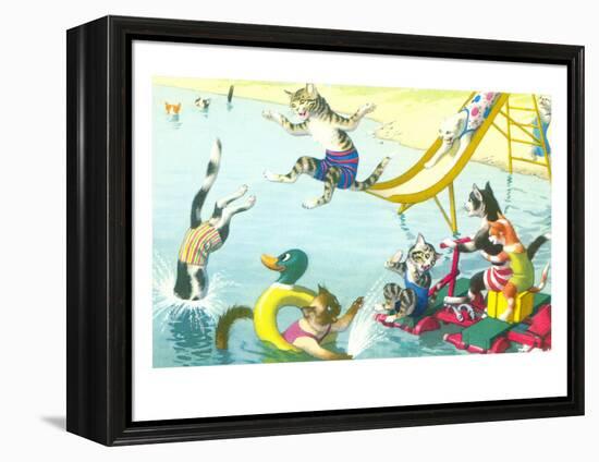 Cats Sliding into Swimming Pool-null-Framed Stretched Canvas