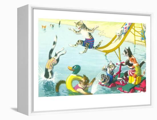 Cats Sliding into Swimming Pool-null-Framed Stretched Canvas