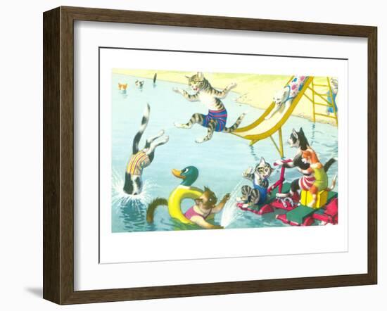 Cats Sliding into Swimming Pool-null-Framed Art Print