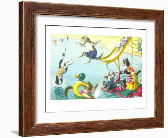 Cats Sliding into Swimming Pool-null-Framed Art Print