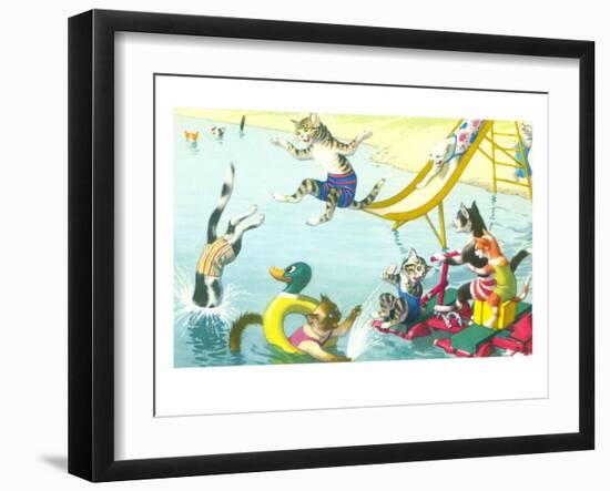 Cats Sliding into Swimming Pool-null-Framed Art Print