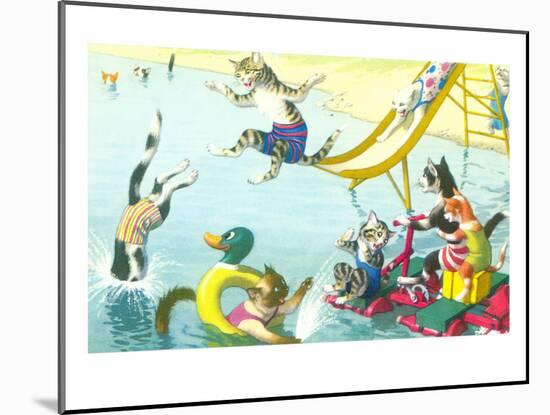 Cats Sliding into Swimming Pool-null-Mounted Art Print