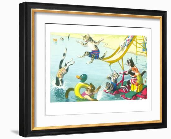 Cats Sliding into Swimming Pool-null-Framed Art Print