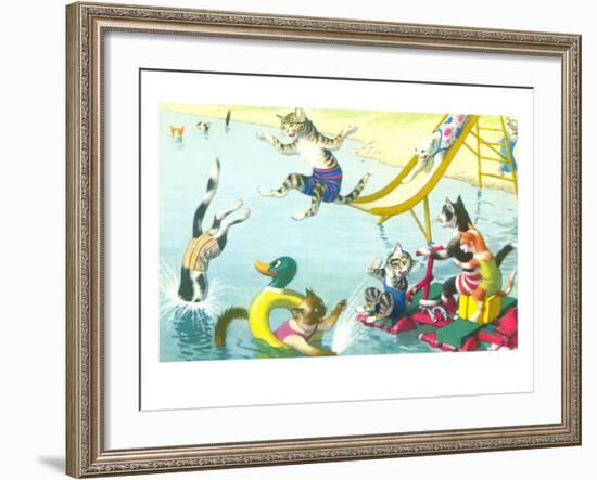 Cats Sliding into Swimming Pool-null-Framed Art Print