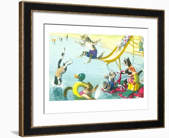 Cats Sliding into Swimming Pool-null-Framed Art Print