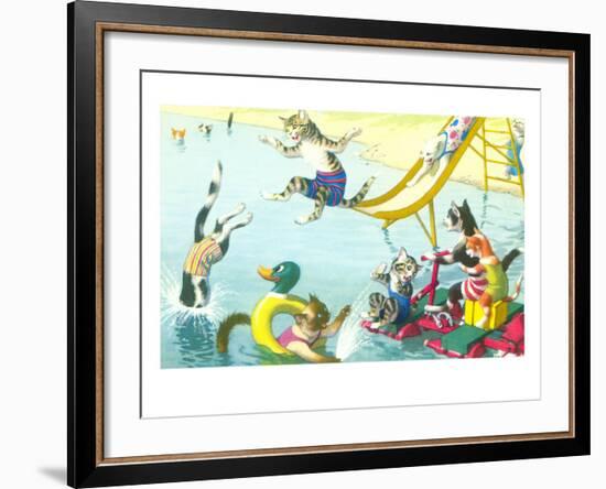 Cats Sliding into Swimming Pool-null-Framed Art Print