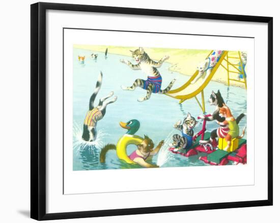 Cats Sliding into Swimming Pool-null-Framed Art Print