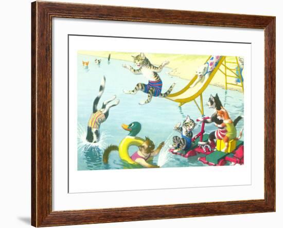 Cats Sliding into Swimming Pool-null-Framed Art Print