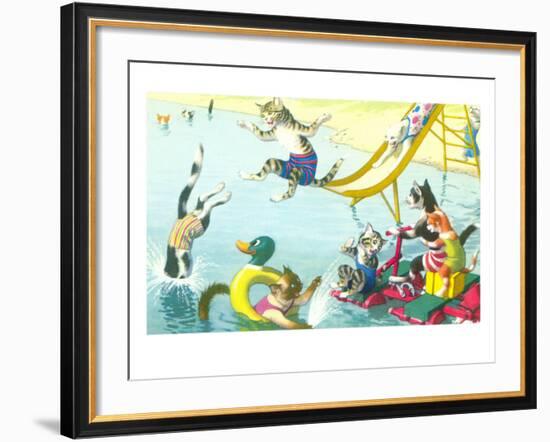 Cats Sliding into Swimming Pool-null-Framed Art Print