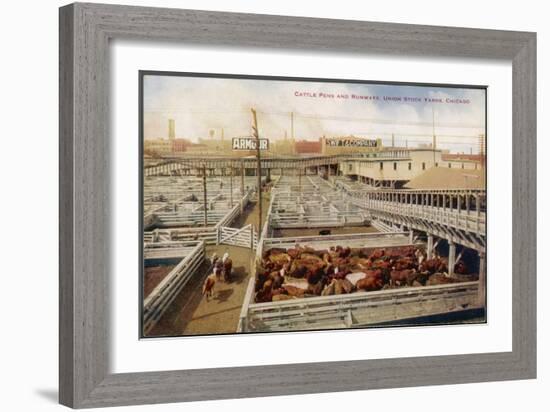 Cattle Awaiting Slaughter in the Union Stock Yards Chicago, Note the Boards for Armour and Swift-null-Framed Art Print