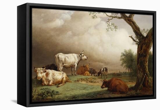 Cattle in a Field, with Travellers in a Wagon on a Track Beyond and a Church Tower in the…-Paulus Potter-Framed Premier Image Canvas