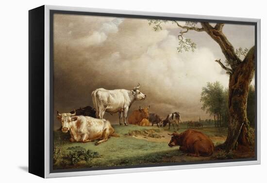 Cattle in a Field, with Travellers in a Wagon on a Track Beyond and a Church Tower in the…-Paulus Potter-Framed Premier Image Canvas