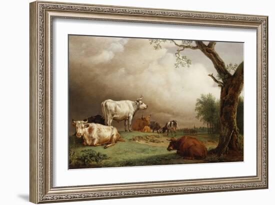 Cattle in a Field, with Travellers in a Wagon on a Track Beyond and a Church Tower in the…-Paulus Potter-Framed Giclee Print