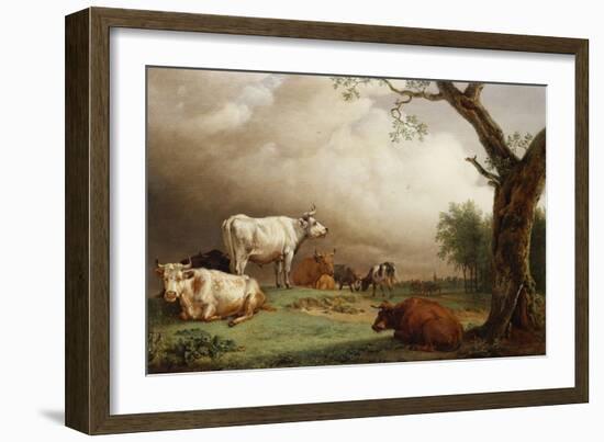 Cattle in a Field, with Travellers in a Wagon on a Track Beyond and a Church Tower in the…-Paulus Potter-Framed Giclee Print