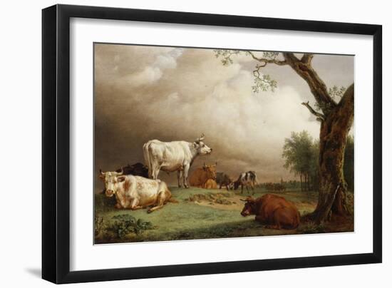 Cattle in a Field, with Travellers in a Wagon on a Track Beyond and a Church Tower in the…-Paulus Potter-Framed Giclee Print