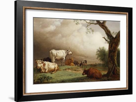 Cattle in a Field, with Travellers in a Wagon on a Track Beyond and a Church Tower in the…-Paulus Potter-Framed Giclee Print