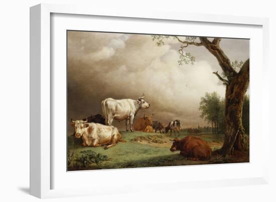 Cattle in a Field, with Travellers in a Wagon on a Track Beyond and a Church Tower in the…-Paulus Potter-Framed Giclee Print