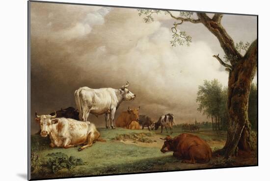 Cattle in a Field, with Travellers in a Wagon on a Track Beyond and a Church Tower in the…-Paulus Potter-Mounted Giclee Print