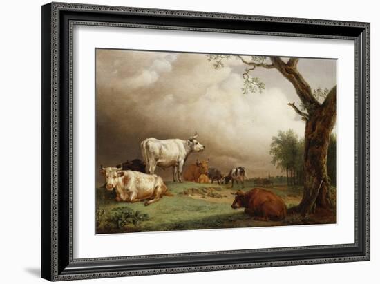 Cattle in a Field, with Travellers in a Wagon on a Track Beyond and a Church Tower in the…-Paulus Potter-Framed Giclee Print