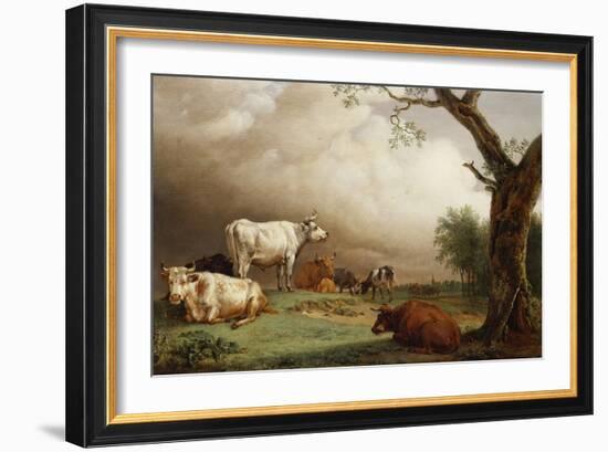 Cattle in a Field, with Travellers in a Wagon on a Track Beyond and a Church Tower in the…-Paulus Potter-Framed Giclee Print