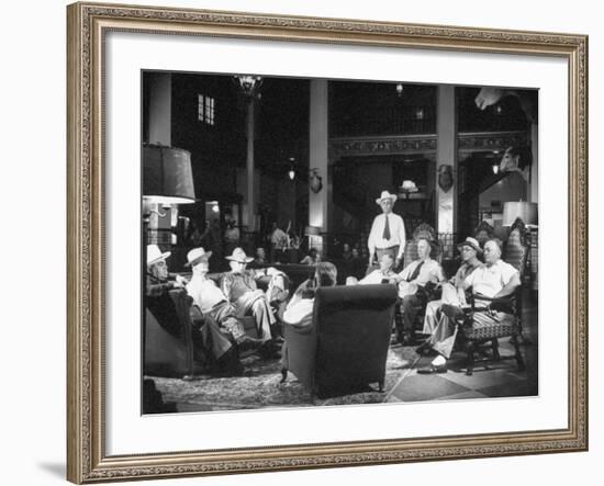 Cattle Men and Natives of San Angelo Sitting in the Lobby of the Cactus Hotel-null-Framed Photographic Print