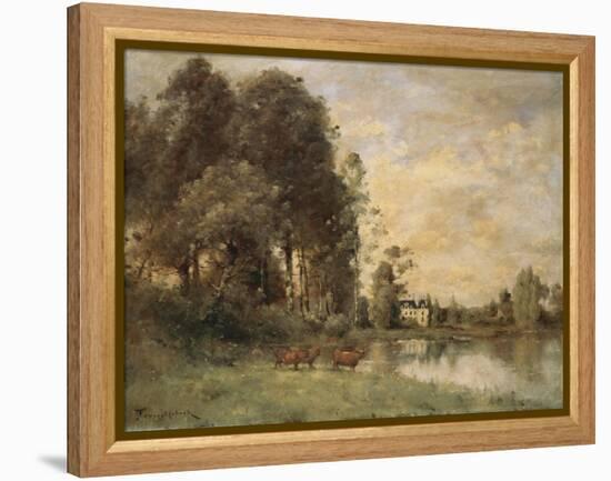 Cattle Watering by a Lake with a Chateau Beyond-Leon Bakst-Framed Premier Image Canvas