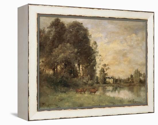 Cattle Watering by a Lake with a Chateau Beyond-Leon Bakst-Framed Premier Image Canvas