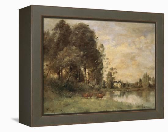 Cattle Watering by a Lake with a Chateau Beyond-Leon Bakst-Framed Premier Image Canvas