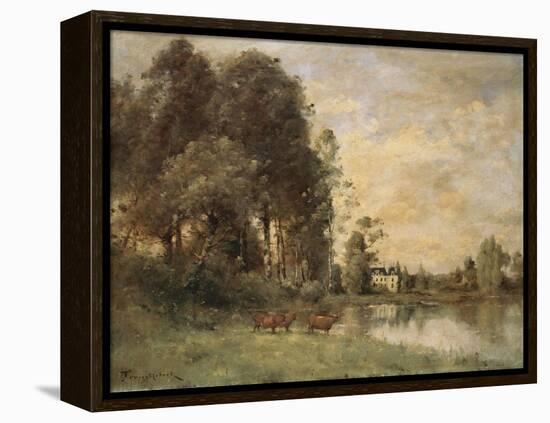 Cattle Watering by a Lake with a Chateau Beyond-Leon Bakst-Framed Premier Image Canvas