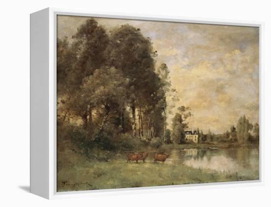 Cattle Watering by a Lake with a Chateau Beyond-Leon Bakst-Framed Premier Image Canvas