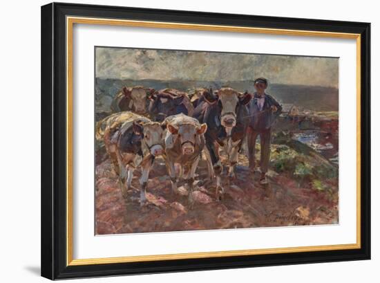 Cattle with Driver on the Island Road, 1921 (Oil on Canvas)-Heinrich Johann von Zugel-Framed Giclee Print