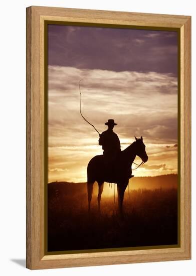 Cattleman Riding Quarter, Paint Horse at Sunset-null-Framed Premier Image Canvas