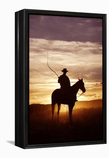 Cattleman Riding Quarter, Paint Horse at Sunset-null-Framed Premier Image Canvas