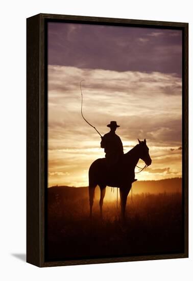 Cattleman Riding Quarter, Paint Horse at Sunset-null-Framed Premier Image Canvas