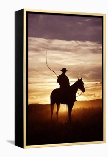 Cattleman Riding Quarter, Paint Horse at Sunset-null-Framed Premier Image Canvas