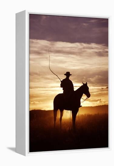 Cattleman Riding Quarter, Paint Horse at Sunset-null-Framed Premier Image Canvas