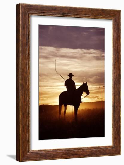 Cattleman Riding Quarter, Paint Horse at Sunset-null-Framed Photographic Print