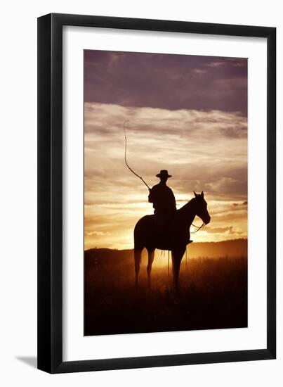 Cattleman Riding Quarter, Paint Horse at Sunset-null-Framed Photographic Print