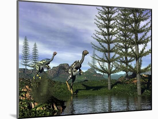 Caudipteryx Dinosaurs at the Water's Edge Next to Tempskya Trees-Stocktrek Images-Mounted Art Print