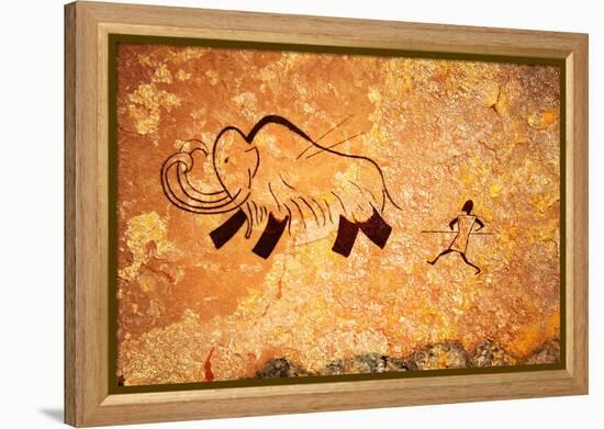 Cave Painting Of Primitive Man Hunting For Mammoth-Nomad Soul-Framed Stretched Canvas