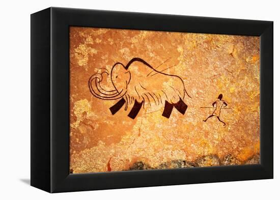 Cave Painting Of Primitive Man Hunting For Mammoth-Nomad Soul-Framed Stretched Canvas