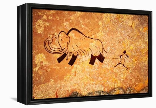 Cave Painting Of Primitive Man Hunting For Mammoth-Nomad Soul-Framed Stretched Canvas