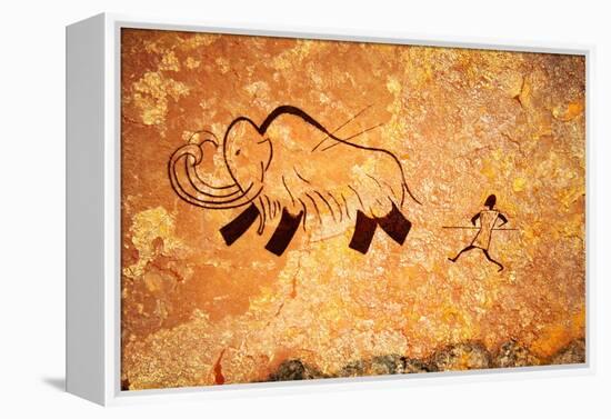 Cave Painting Of Primitive Man Hunting For Mammoth-Nomad Soul-Framed Stretched Canvas