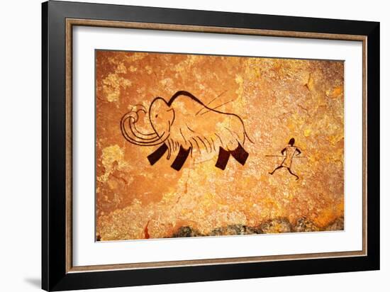 Cave Painting Of Primitive Man Hunting For Mammoth-Nomad Soul-Framed Art Print